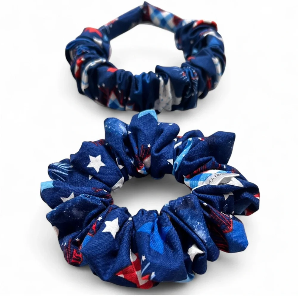 Patriotic Blue Pattern Hair Scrunchies and Headbands Accessory Set. Handmade